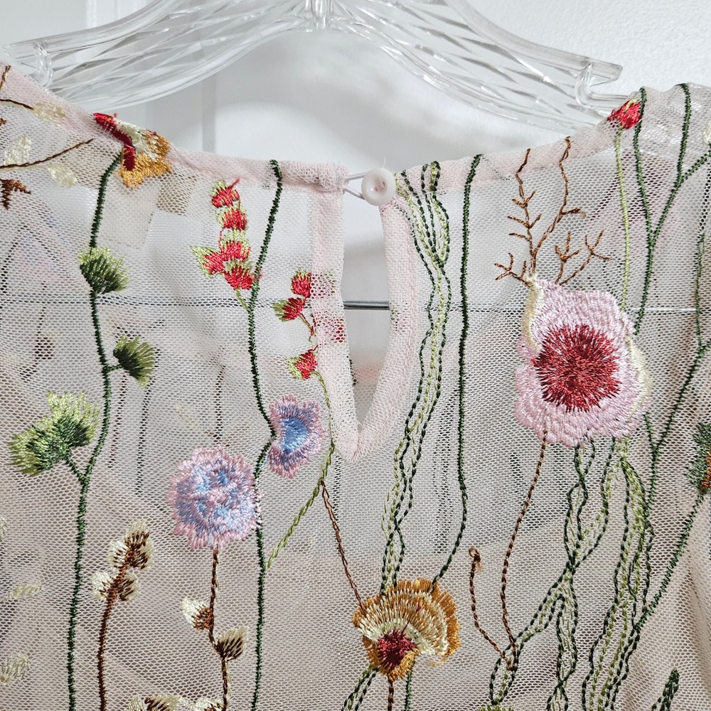 Fairycore Cottagecore Whimsical Boho Butterfly Embroidered Mesh Blouse Women Med - Picture 10 of 11